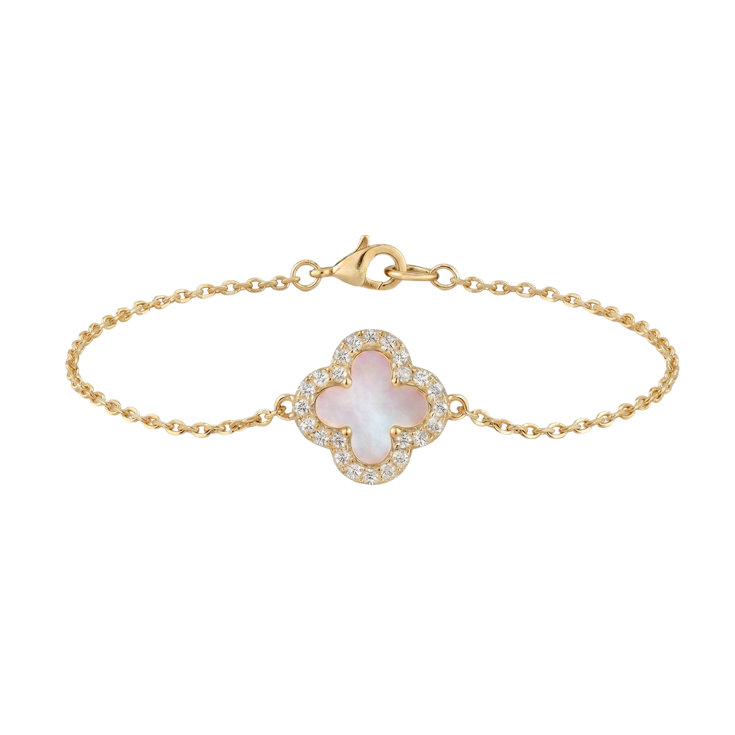 Full product image of the white mother of pearl-inspired clover bracelet with 18K gold plated finish and zircon halo detailing.
