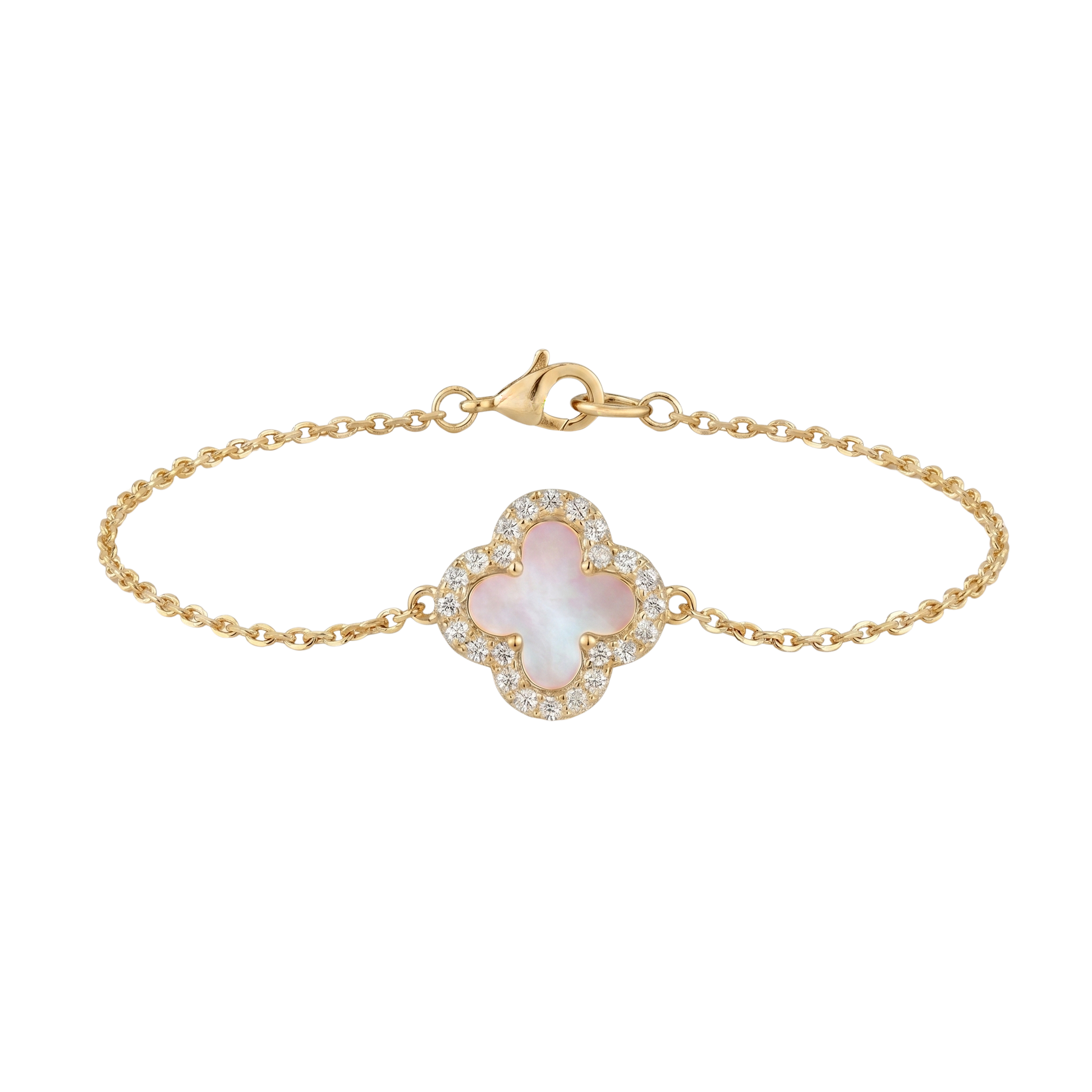 Full product image of the white mother of pearl-inspired clover bracelet with 18K gold plated finish and zircon halo detailing.