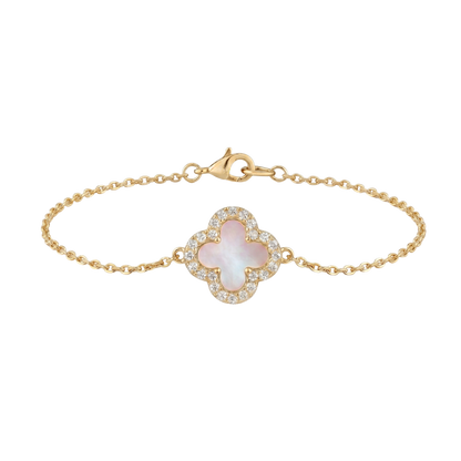 Full product image of the white mother of pearl-inspired clover bracelet with 18K gold plated finish and zircon halo detailing.