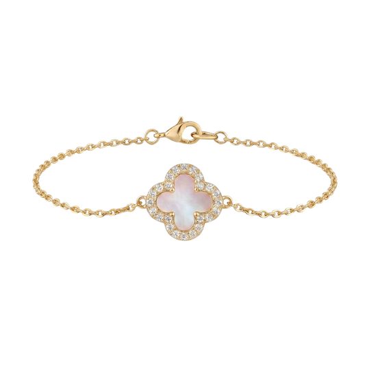 Full product image of the white mother of pearl-inspired clover bracelet with 18K gold plated finish and zircon halo detailing.