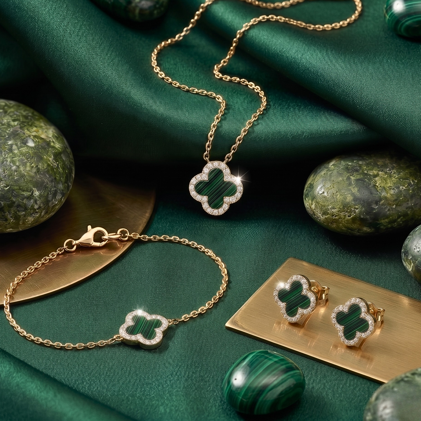 Close-up detail of the clover charm highlighting the polished 18K gold plating and brilliant zircon accents.