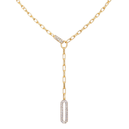 Front view of Tamara sterling silver necklace with 14K gold plating, showcasing the modern paperclip chain and zircon drop detail. Elegant silver jewelry for everyday wear.