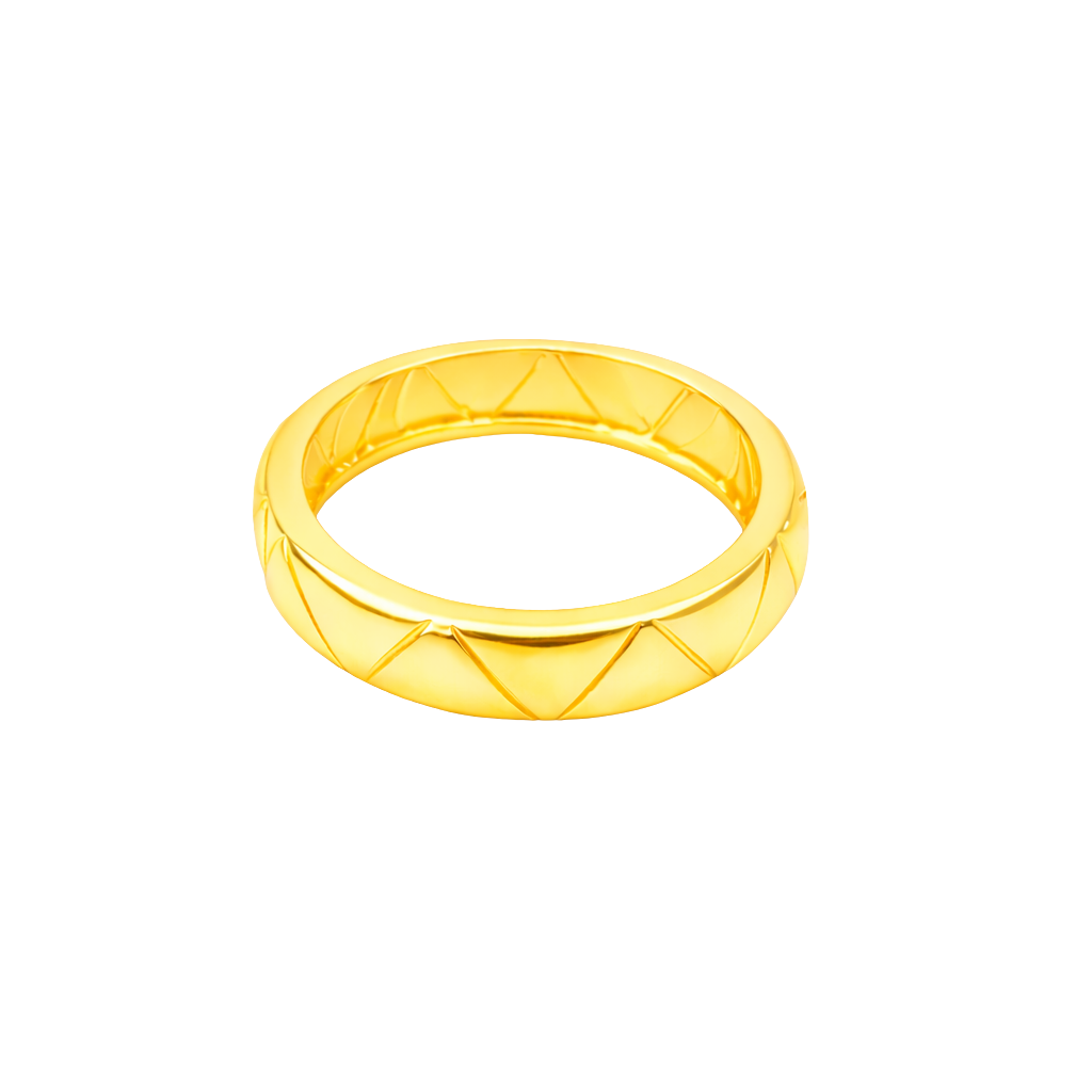 Front angle view of the Talia 18K gold plated sterling silver ring showcasing its engraved geometric band design.