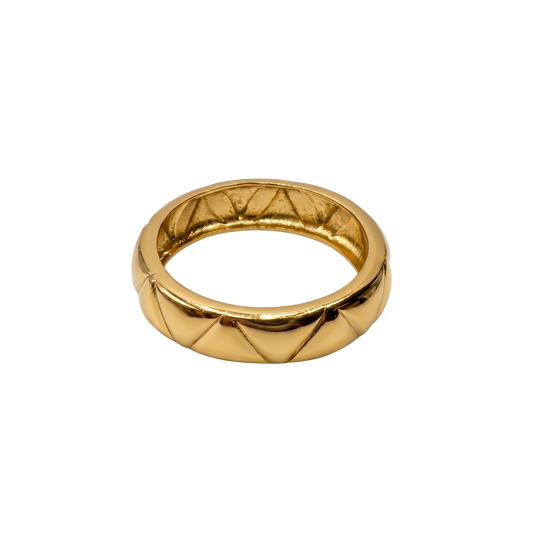 Front angle view of the Talia 18K gold plated sterling silver ring showcasing its engraved geometric band design.