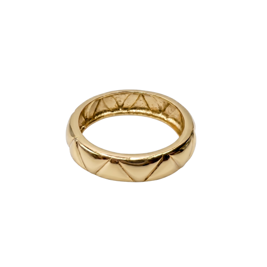 Front angle view of the Talia 18K gold plated sterling silver ring showcasing its engraved geometric band design.