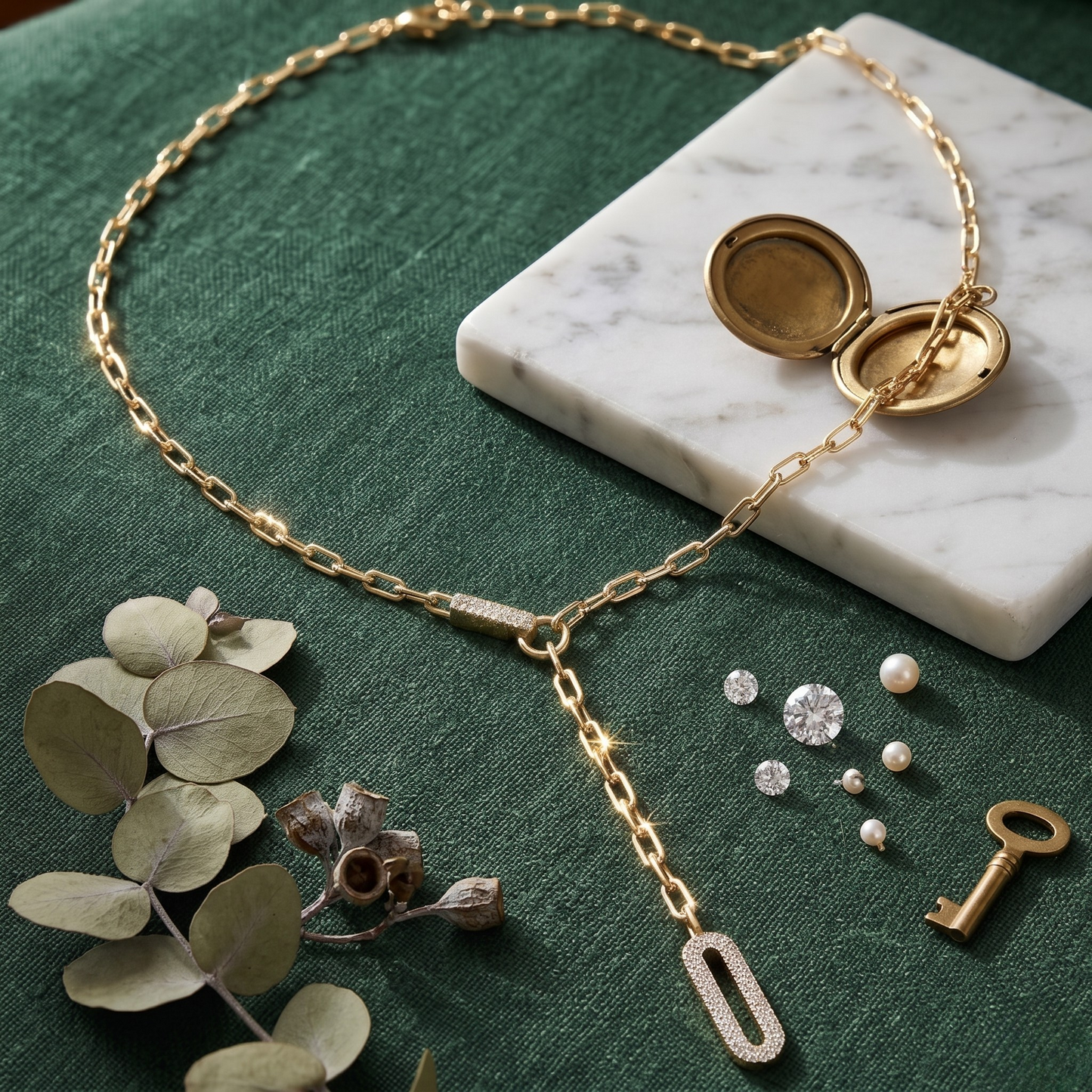 Detailed view of the zircon-studded drop pendant on the Tamara sterling silver necklace, finished in 14K gold plating. Delicate silver jewelry with brilliant sparkle.