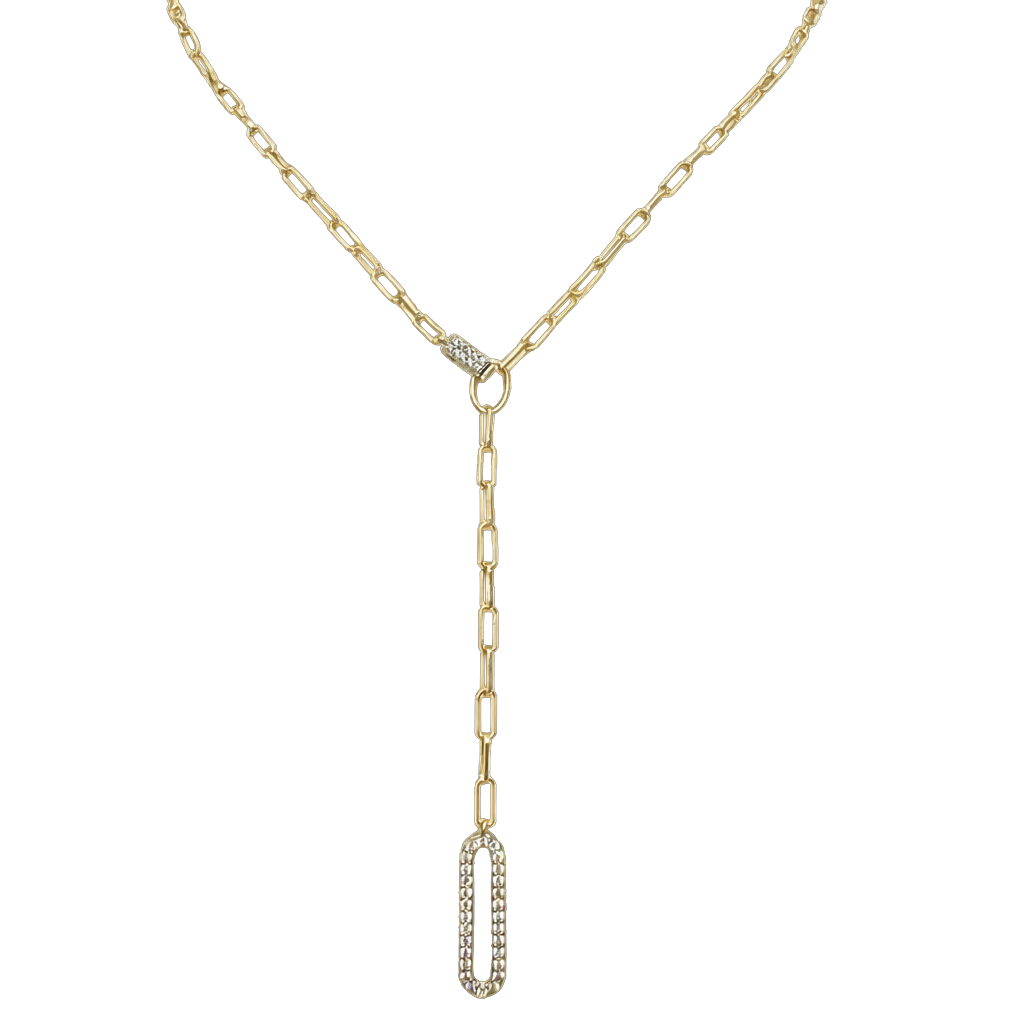 Front view of Tamara sterling silver necklace with 14K gold plating, showcasing the modern paperclip chain and zircon drop detail. Elegant silver jewelry for everyday wear.