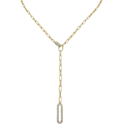Front view of Tamara sterling silver necklace with 14K gold plating, showcasing the modern paperclip chain and zircon drop detail. Elegant silver jewelry for everyday wear.