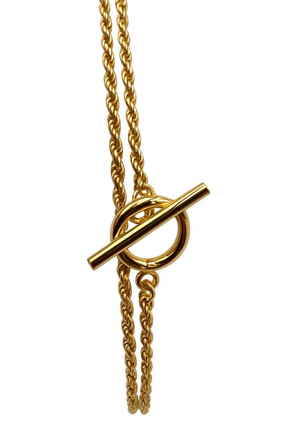 Close-up of the toggle clasp crafted from gold plated sterling silver for durability.