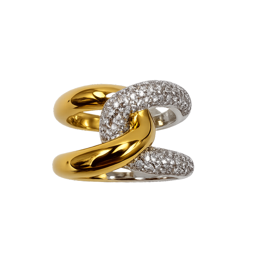 Close-up front view of the Victoria two-tone sterling silver ring showcasing the intertwined gold-plated and pavé zircon bands.