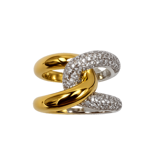 Close-up front view of the Victoria two-tone sterling silver ring showcasing the intertwined gold-plated and pavé zircon bands.