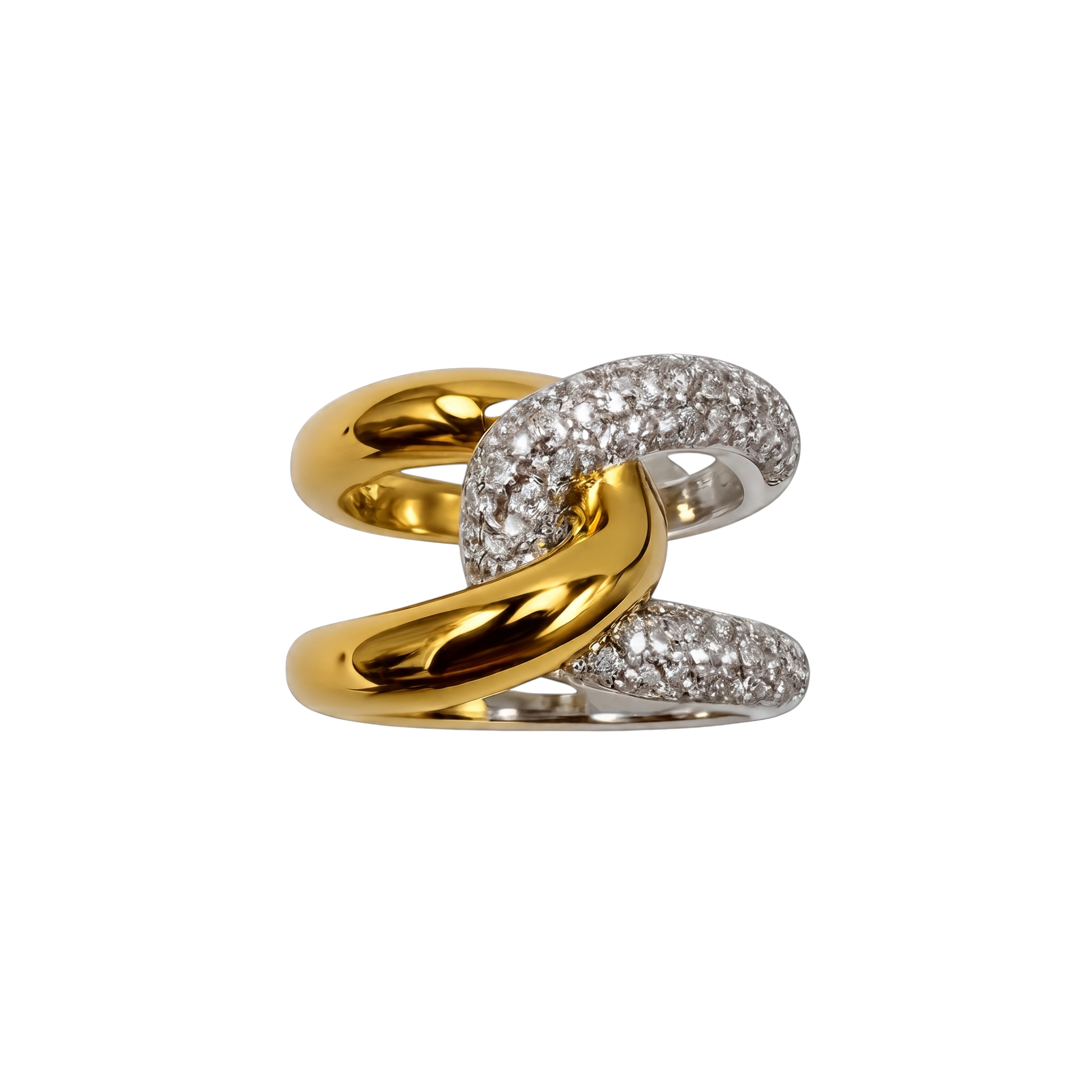 Close-up front view of the Victoria two-tone sterling silver ring showcasing the intertwined gold-plated and pavé zircon bands.
