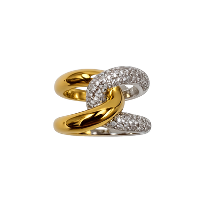 Close-up front view of the Victoria two-tone sterling silver ring showcasing the intertwined gold-plated and pavé zircon bands.