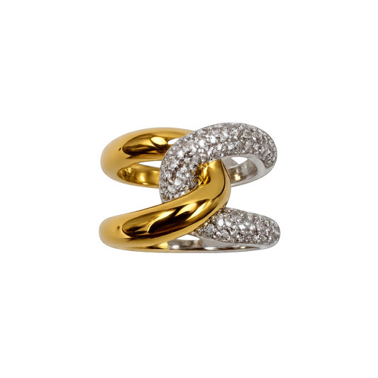 Close-up front view of the Victoria two-tone sterling silver ring showcasing the intertwined gold-plated and pavé zircon bands.