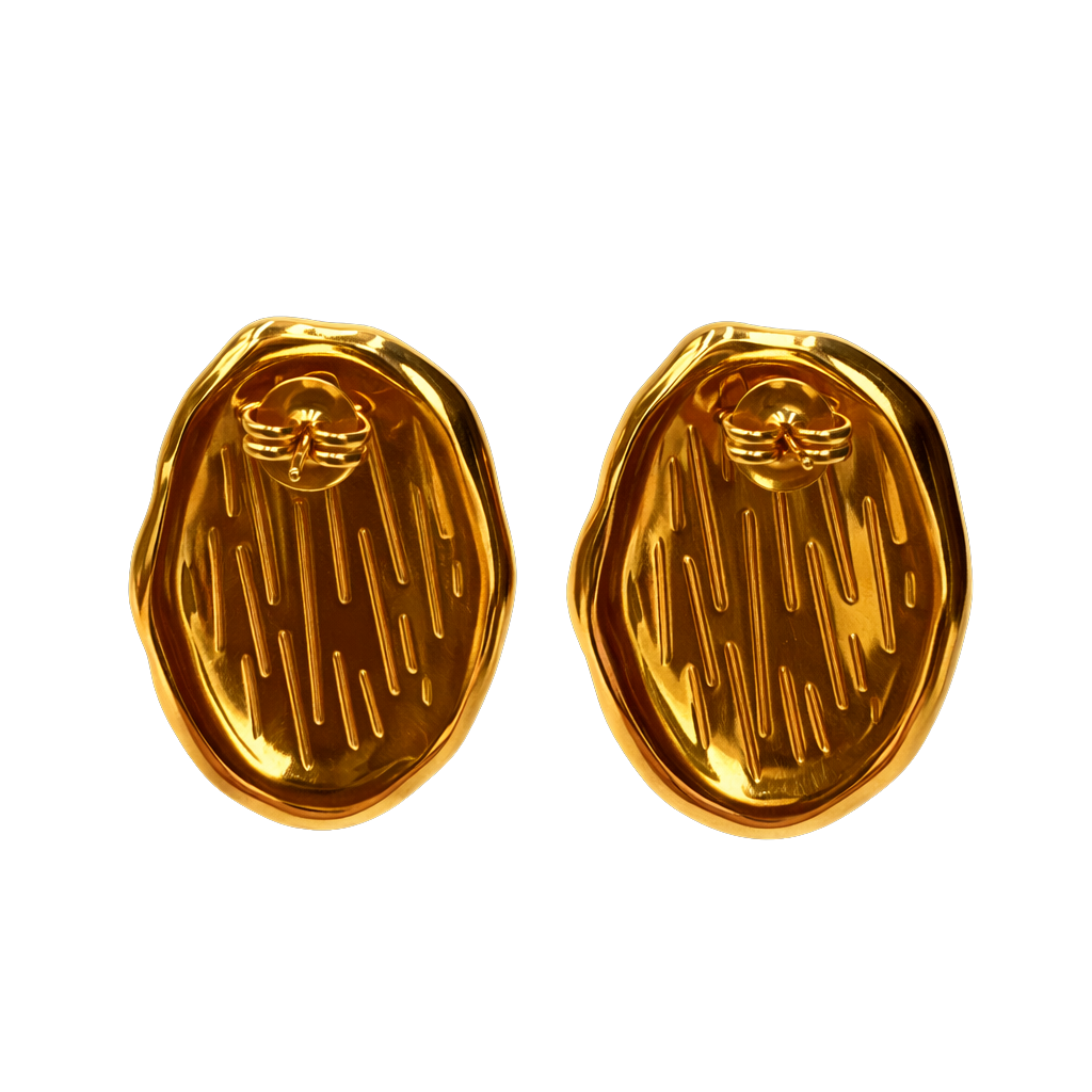 Vintage jewelry style earrings featuring a satin oval centerpiece and textured braided gold plated border. These modern jewelry statement earrings resemble cat eye earrings and tiger eye earrings, crafted as stainless steel earrings for durability and hypoallergenic jewelry comfort.