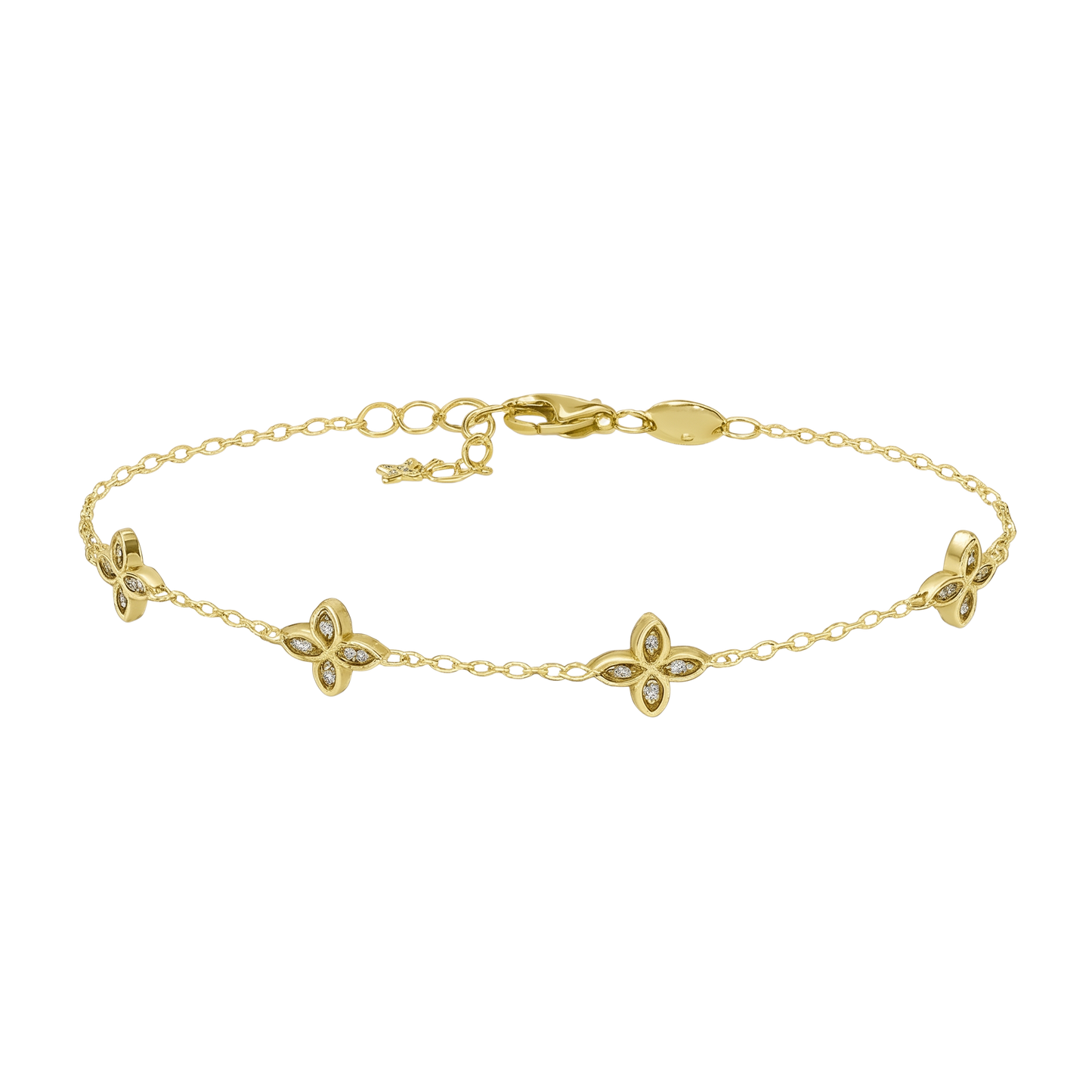 Front view of Amelia S925 sterling silver bracelet with 14K gold plating and zirconia flower charms.