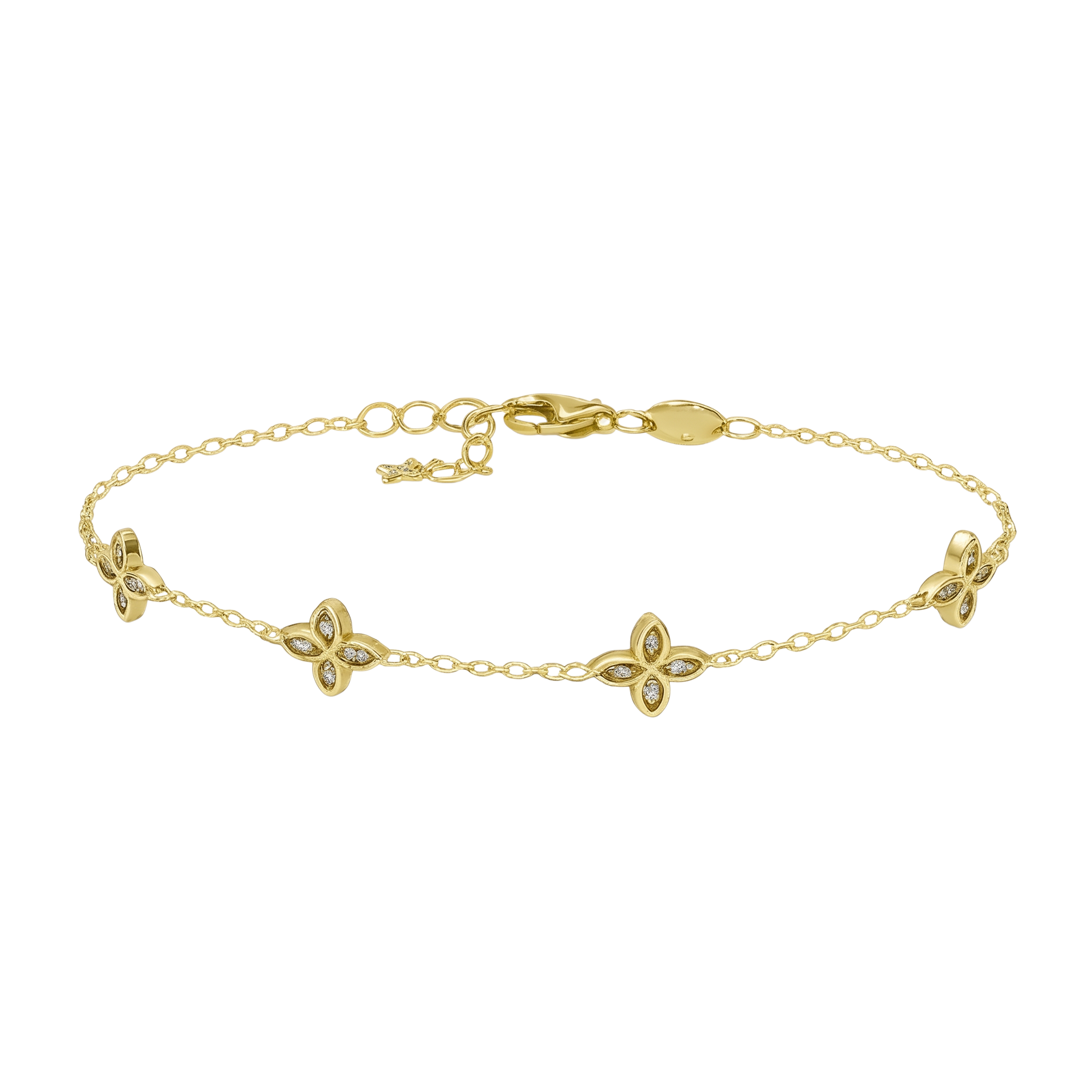 Front view of Amelia S925 sterling silver bracelet with 14K gold plating and zirconia flower charms.