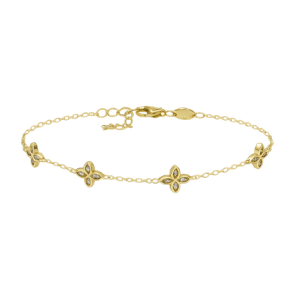 Front view of Amelia S925 sterling silver bracelet with 14K gold plating and zirconia flower charms.