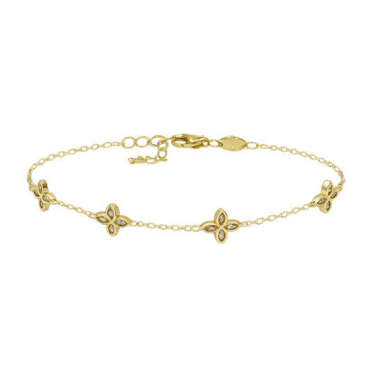 Front view of Amelia S925 sterling silver bracelet with 14K gold plating and zirconia flower charms.