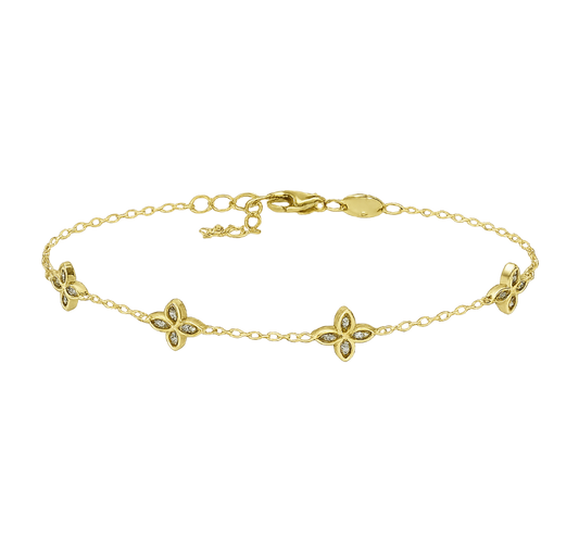 Front view of Amelia S925 sterling silver bracelet with 14K gold plating and zirconia flower charms.