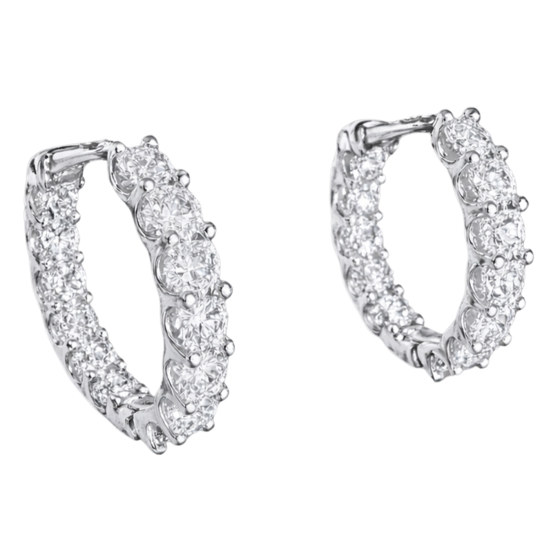 Close-up of GRA certified moissanite diamonds with VVS1 clarity set in rhodium plated silver hoops.