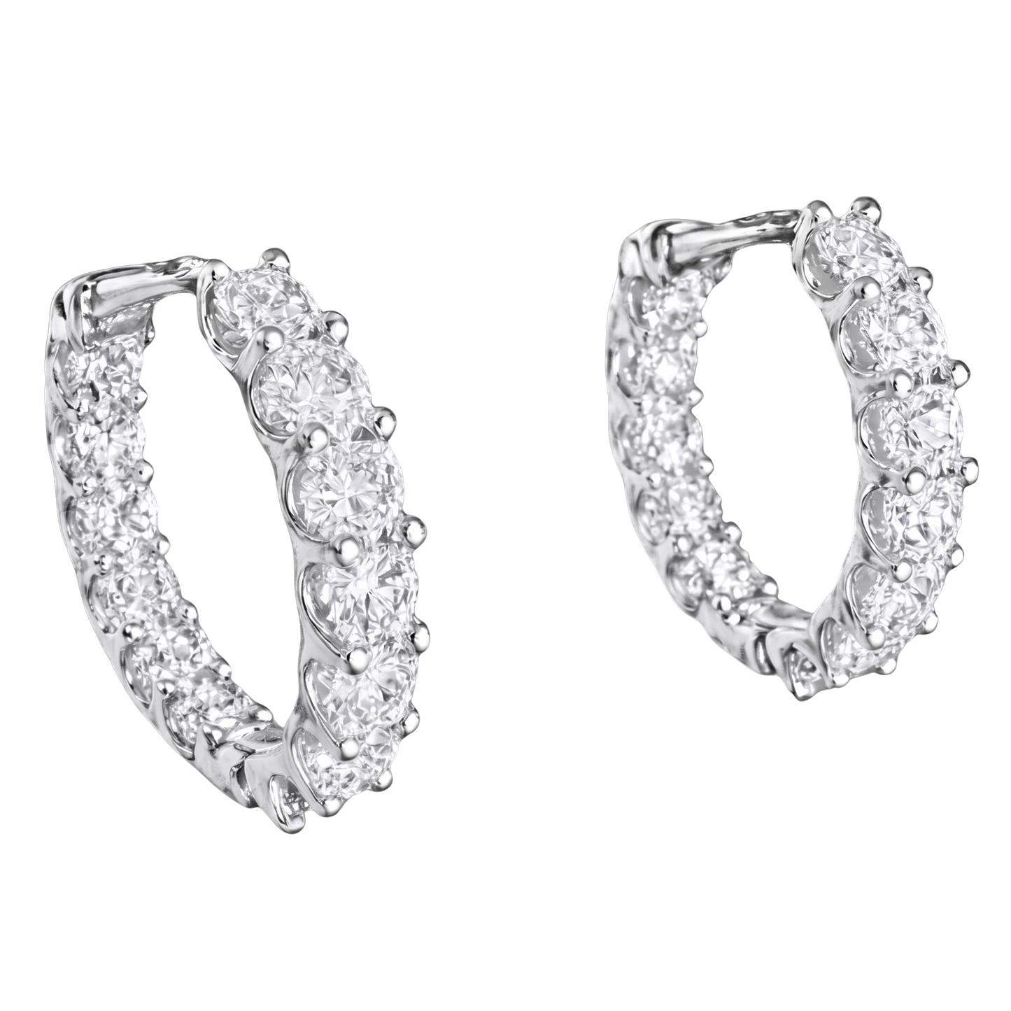 Close-up of GRA certified moissanite diamonds with VVS1 clarity set in rhodium plated silver hoops.