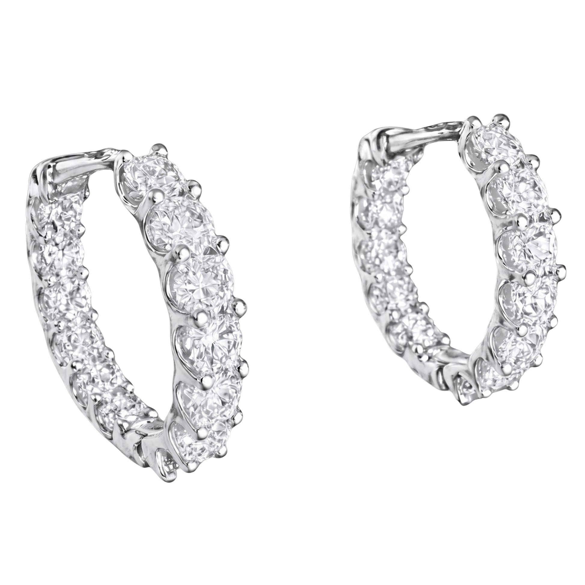 Close-up of GRA certified moissanite diamonds with VVS1 clarity set in rhodium plated silver hoops.