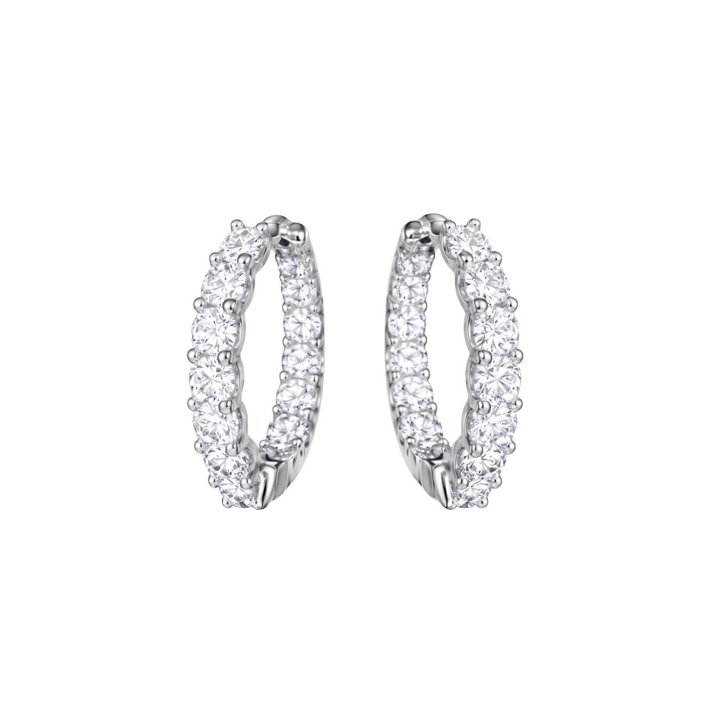 Front view of Amelia moissanite hoop earrings crafted in S925 sterling silver with rhodium plating and brilliant D color stones.