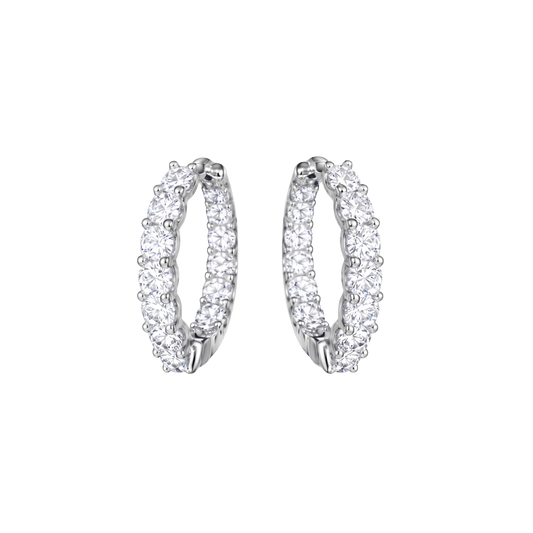 Front view of Amelia moissanite hoop earrings crafted in S925 sterling silver with rhodium plating and brilliant D color stones.