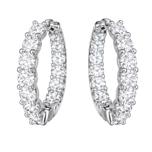 Front view of Amelia moissanite hoop earrings crafted in S925 sterling silver with rhodium plating and brilliant D color stones.