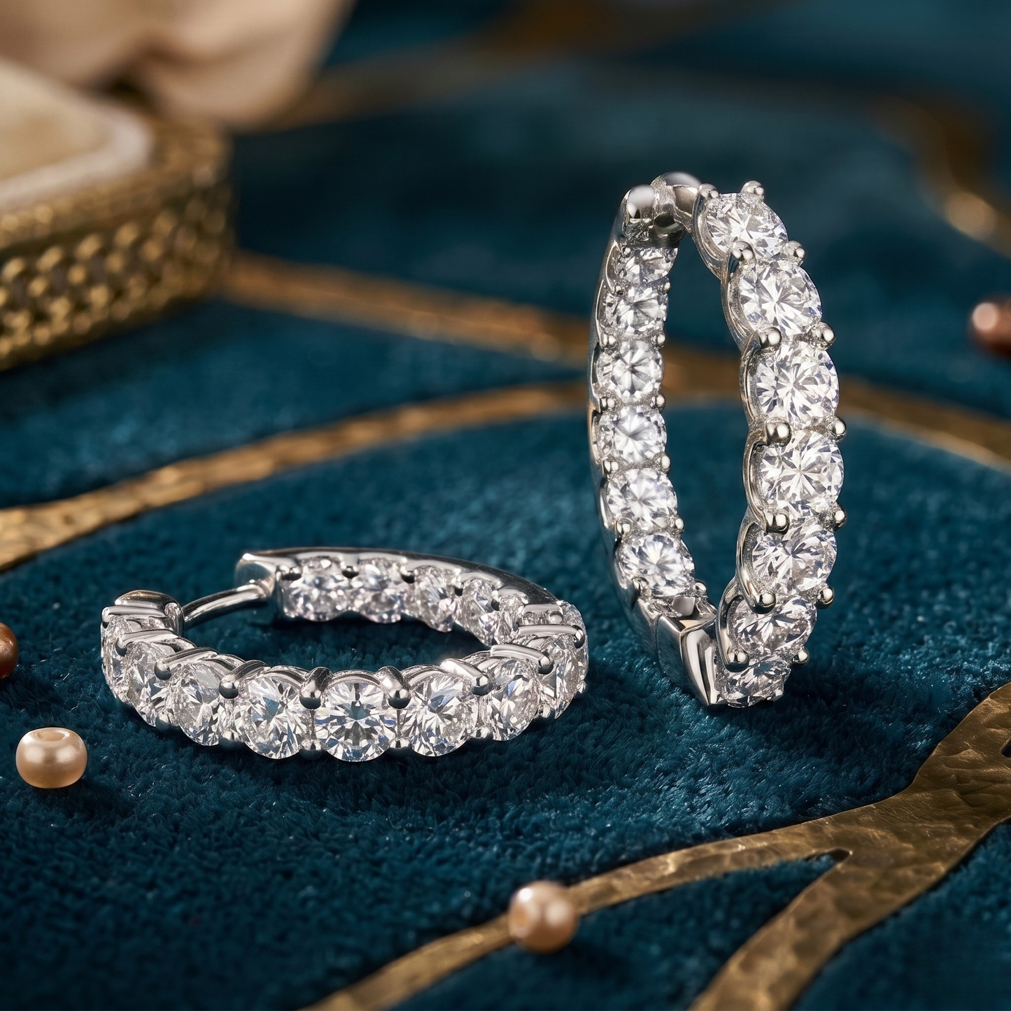 Detailed image of Amelia rhodium plated sterling silver earrings with hypoallergenic, tarnish resistant finish and sparkling moissanite stones.