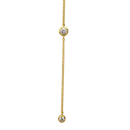 Minimalist lariat style Angela necklace made of sterling silver with 14k gold plating and sparkling zircon stones jewelry.