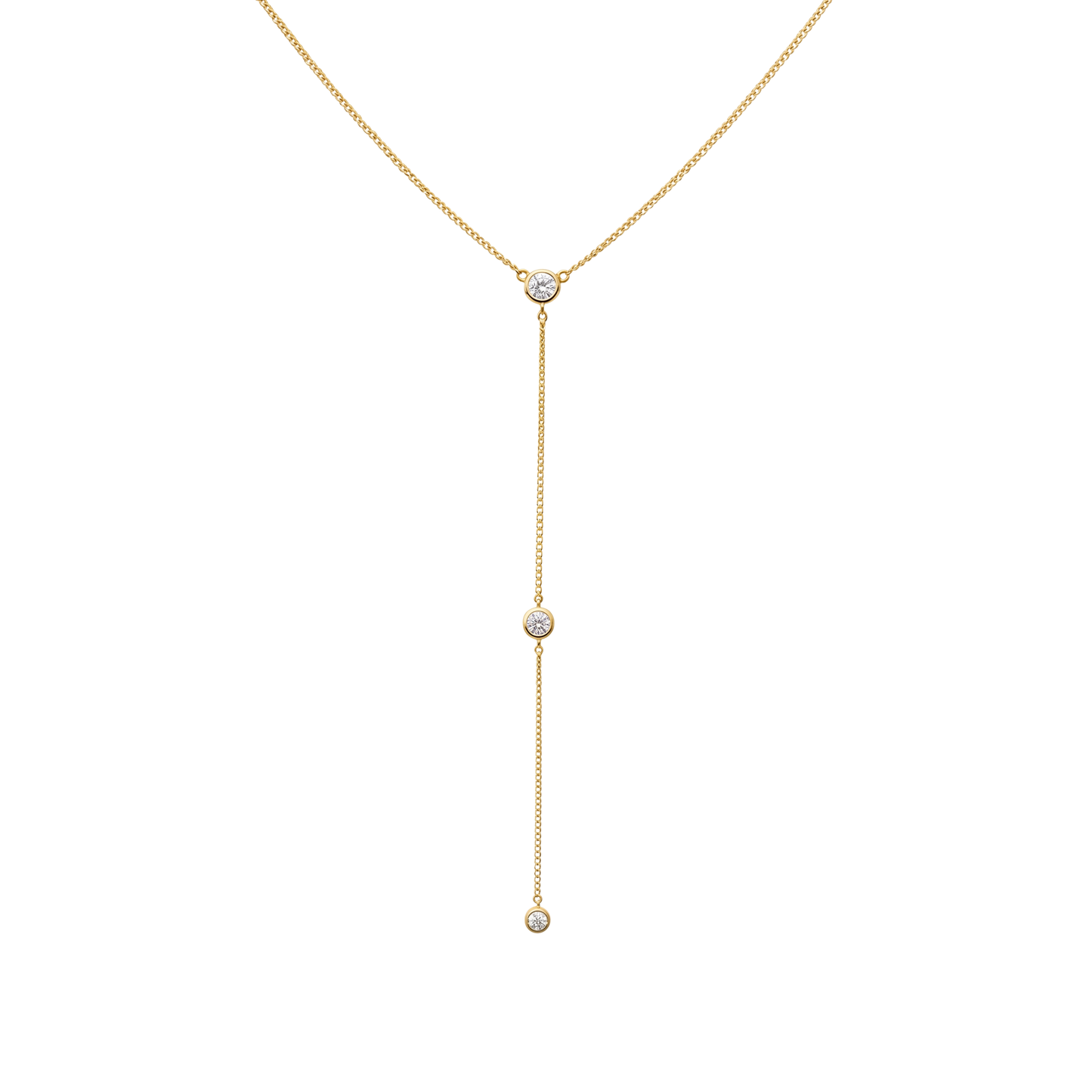 Front view of Angela sterling silver necklace with 14k gold plating and three bezel set zircon stones in elegant lariat drop design jewelry.