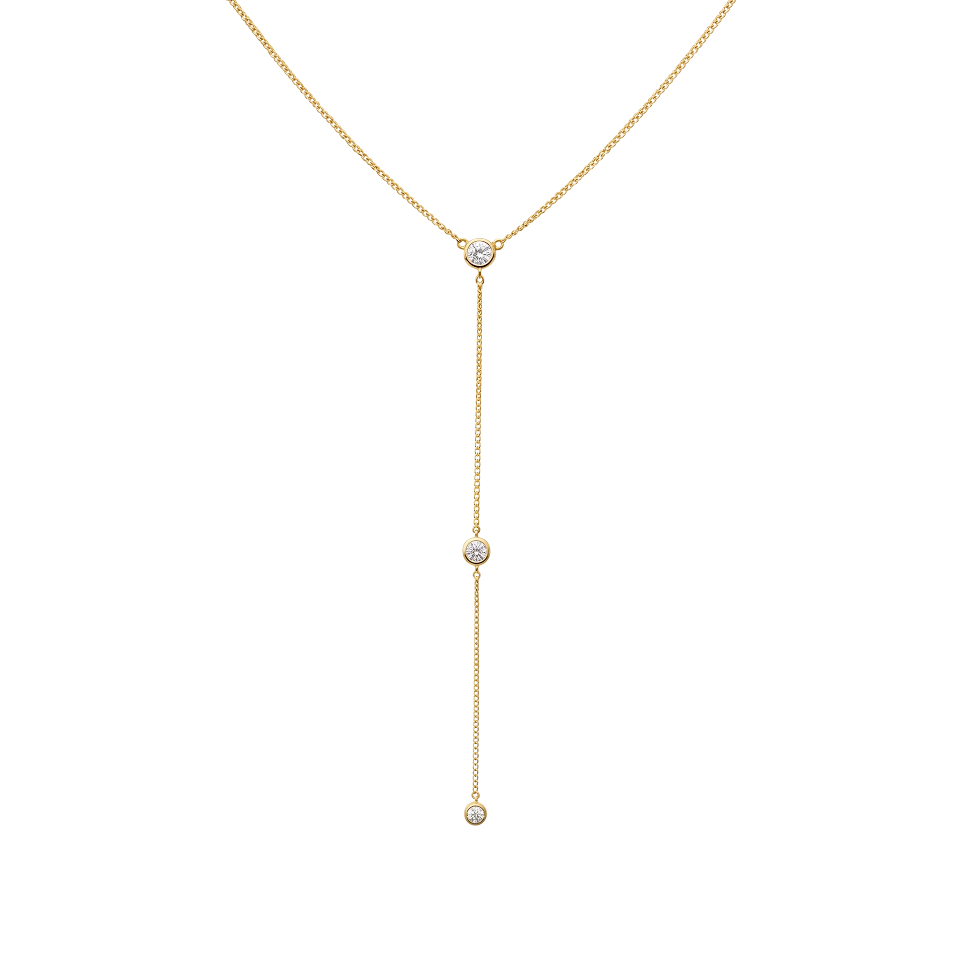 Front view of Angela sterling silver necklace with 14k gold plating and three bezel set zircon stones in elegant lariat drop design jewelry.