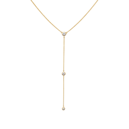 Front view of Angela sterling silver necklace with 14k gold plating and three bezel set zircon stones in elegant lariat drop design jewelry.