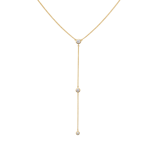 Front view of Angela sterling silver necklace with 14k gold plating and three bezel set zircon stones in elegant lariat drop design jewelry.