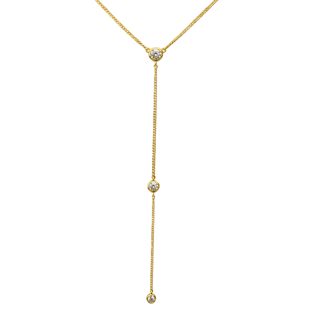 Front view of Angela sterling silver necklace with 14k gold plating and three bezel set zircon stones in elegant lariat drop design jewelry.