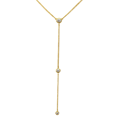 Front view of Angela sterling silver necklace with 14k gold plating and three bezel set zircon stones in elegant lariat drop design jewelry.