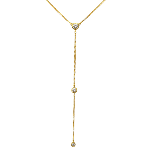 Front view of Angela sterling silver necklace with 14k gold plating and three bezel set zircon stones in elegant lariat drop design jewelry.
