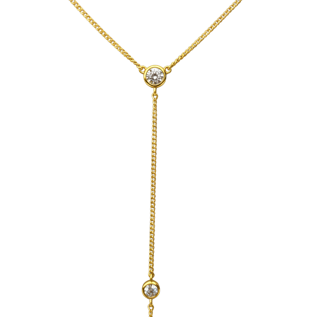 Close-up detail of zircon stones on Angela sterling silver 14k gold plated drop necklace showcasing fine jewelry craftsmanship.