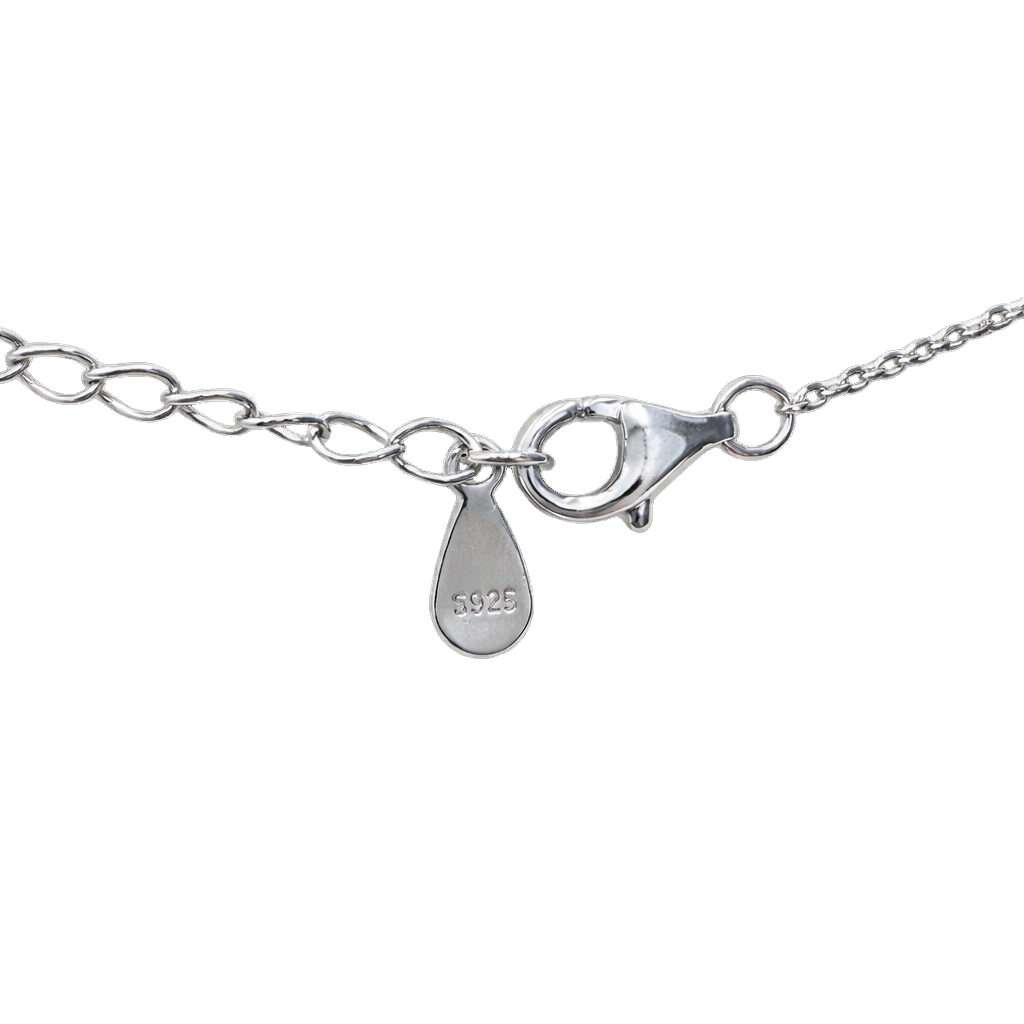 Side angle of Anna silver necklace showing interlocking circle design in sterling silver jewelry with polished and zircon accents.