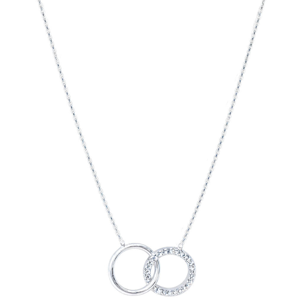 Front view of Anna sterling silver necklace with rhodium plating, featuring two interlocking circles with zircon detail, elegant minimalist silver jewelry design.