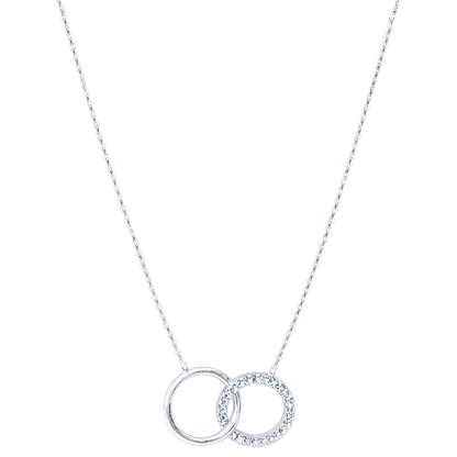 Front view of Anna sterling silver necklace with rhodium plating, featuring two interlocking circles with zircon detail, elegant minimalist silver jewelry design.