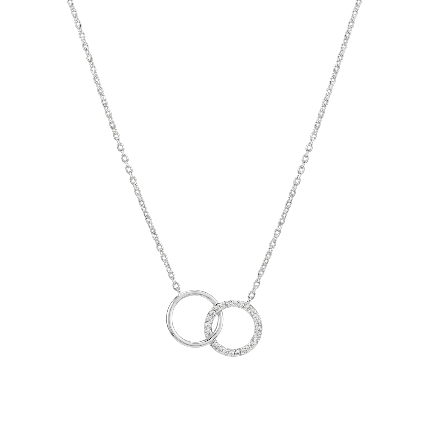 Front view of Anna sterling silver necklace with rhodium plating, featuring two interlocking circles with zircon detail, elegant minimalist silver jewelry design.