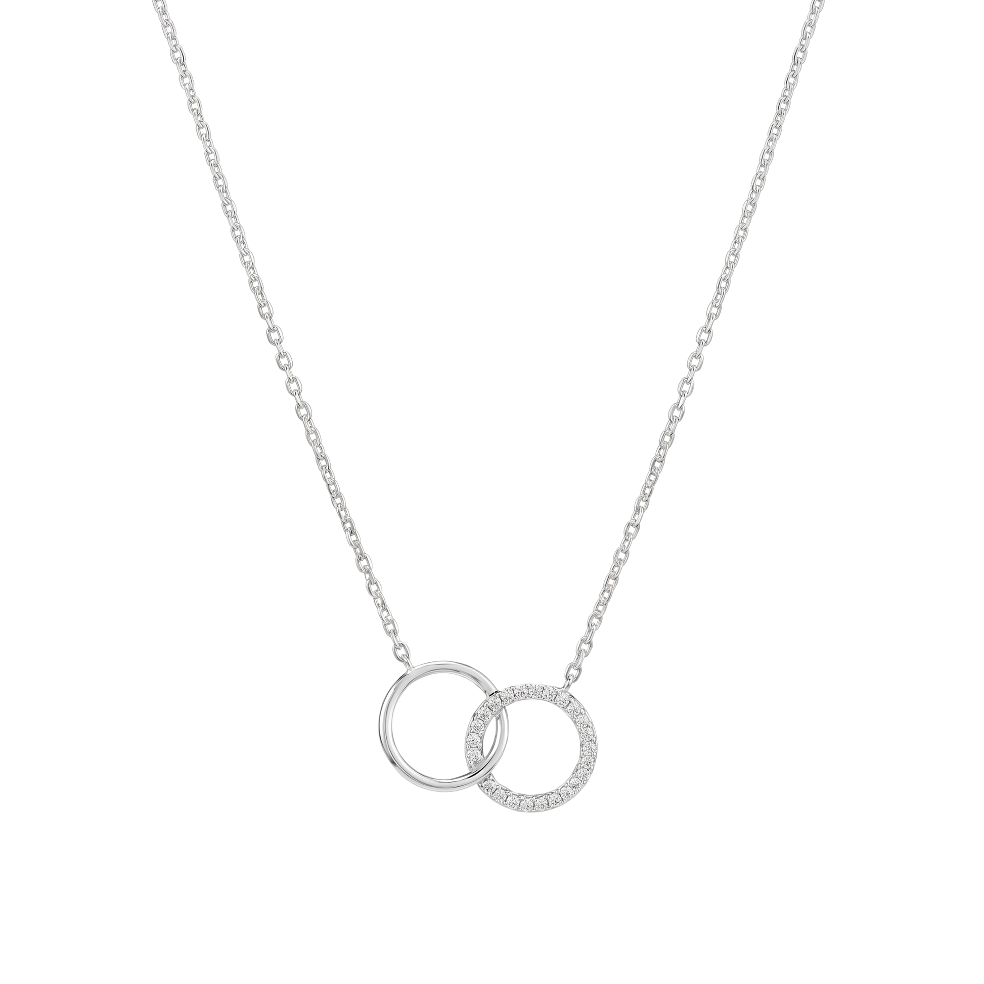 Front view of Anna sterling silver necklace with rhodium plating, featuring two interlocking circles with zircon detail, elegant minimalist silver jewelry design.