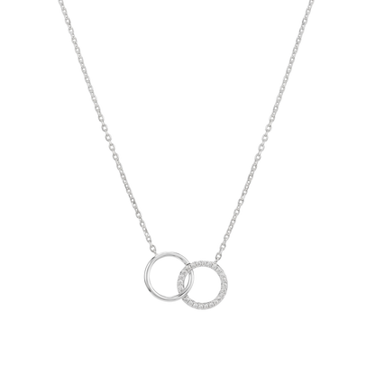 Front view of Anna sterling silver necklace with rhodium plating, featuring two interlocking circles with zircon detail, elegant minimalist silver jewelry design.