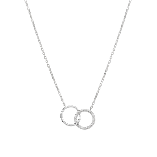 Front view of Anna sterling silver necklace with rhodium plating, featuring two interlocking circles with zircon detail, elegant minimalist silver jewelry design.