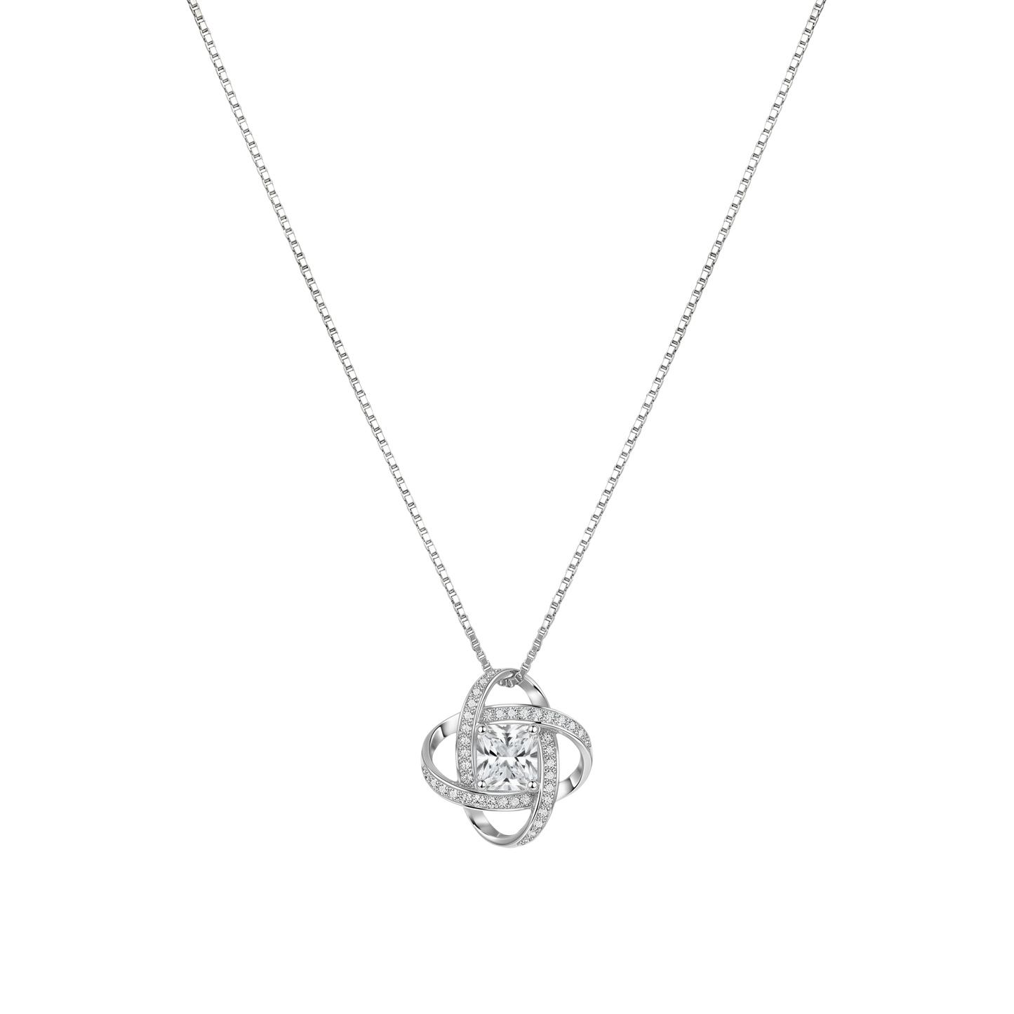 Front view of Ariel sterling silver necklace featuring a rhodium plated S925 silver pendant with brilliant zircon stone, elegant modern silver jewelry design.