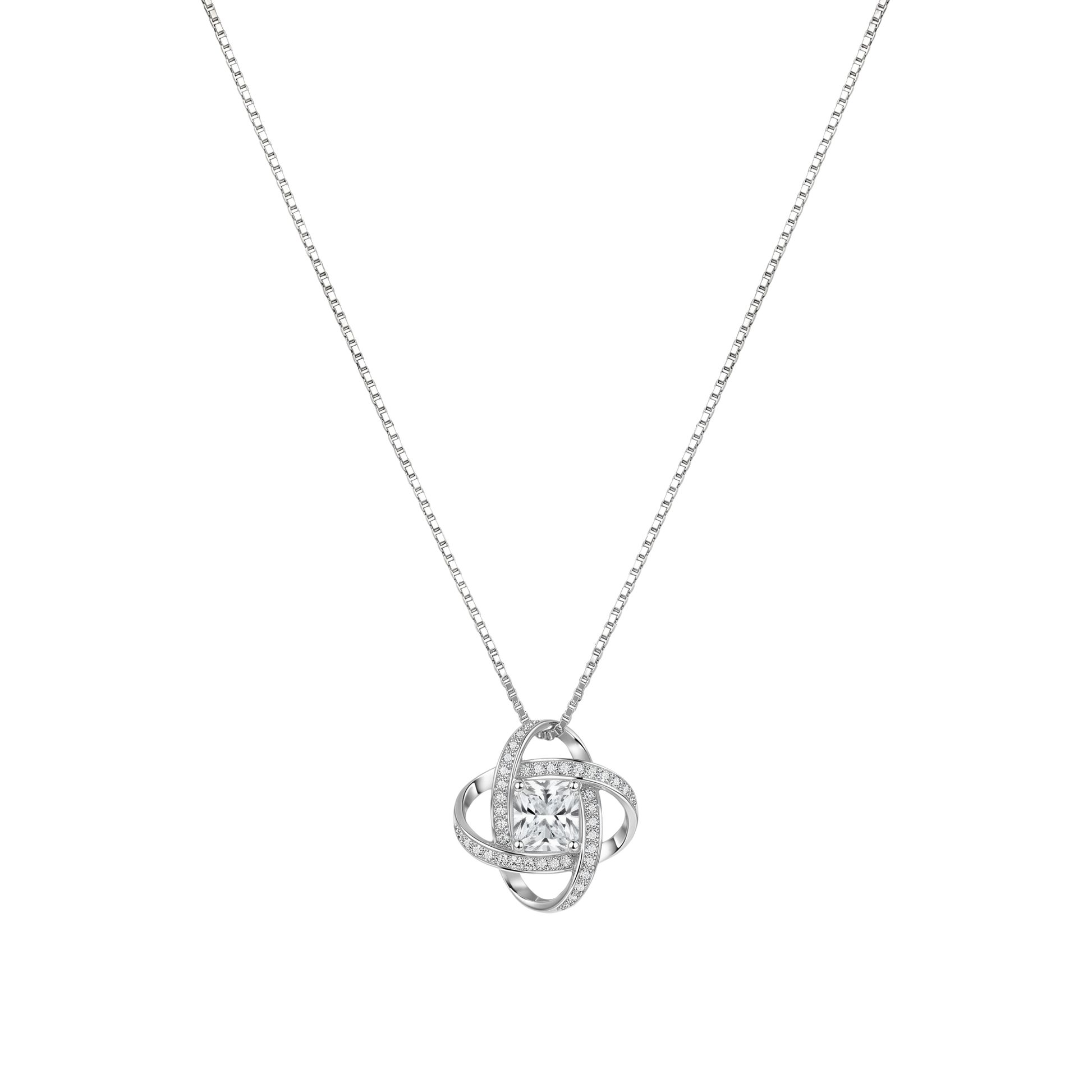 Front view of Ariel sterling silver necklace featuring a rhodium plated S925 silver pendant with brilliant zircon stone, elegant modern silver jewelry design.