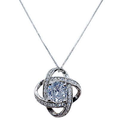 Close-up detail of Ariel sterling silver necklace showing the intricate rhodium plated pendant design and sparkling zircon centerpiece.